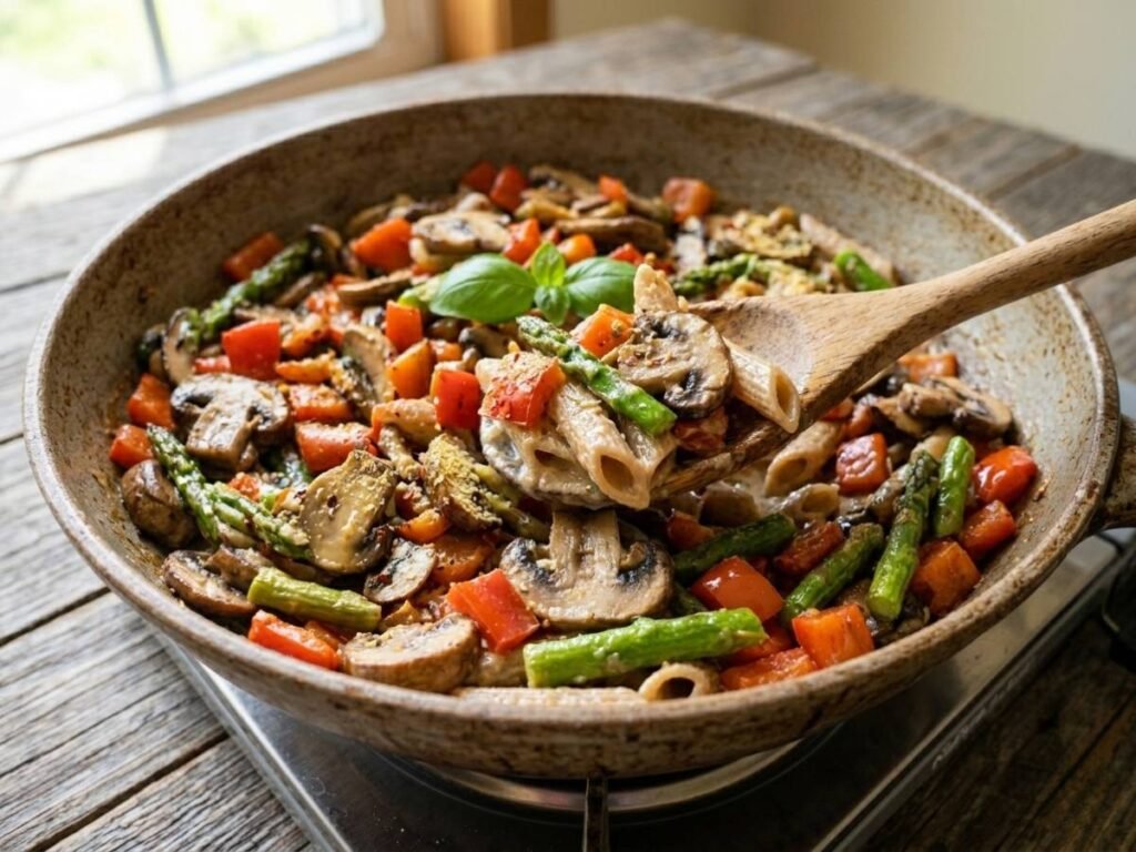 Asparagus Mushroom Red Pepper Pasta - Quick Creamy Recipe!
