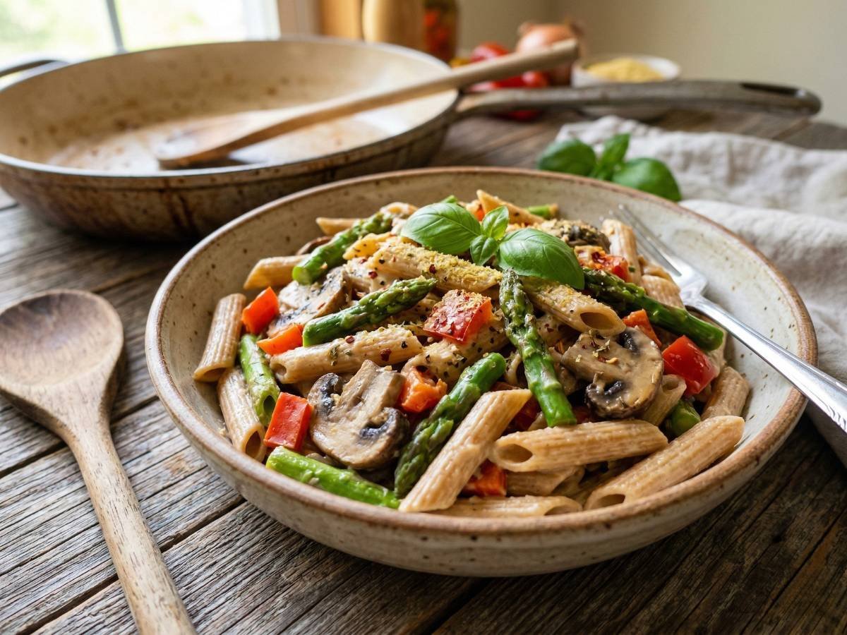 Asparagus Mushroom Red Pepper Pasta - Quick Creamy Recipe!
